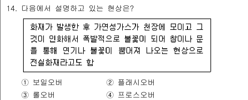 경비지도사_2차(소방학) 2024년 14번 - 정답은 2번 플레시오버입니다. 플레시오버는 화재가 발생한 장소에서 열과 ... 에 관한 핵심 기출문제