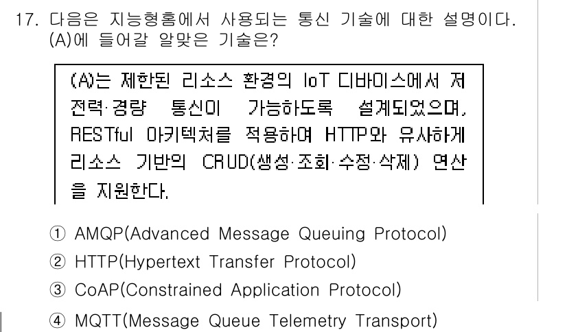 지능형홈관리사 2025년 17번 - . CoAP (Constrained Application Protocol... 에 관한 핵심 기출문제