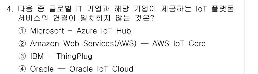 지능형홈관리사 2025년 4번 - 정답은 3번, IBM - ThingPlug입니다. ThingPlug는 I... 에 관한 핵심 기출문제