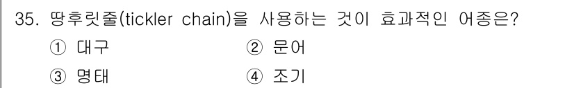 어업생산관리기사 2020년 35번 - 정답은 2. 문어입니다. 뗑후릿줄은 문어와 같은 연체류를 효과적으로 포획... 에 관한 핵심 기출문제
