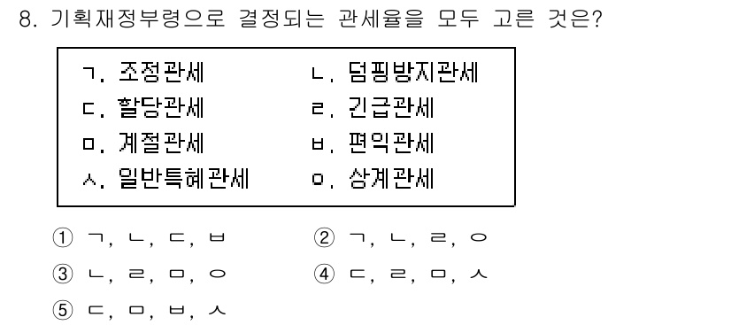 관세사_관세법개론 2015년 8번 - 관세법에서 기획재정부의 재정 유형에 따라 결정되는 관세율은 조정관세로 분... 에 관한 핵심 기출문제