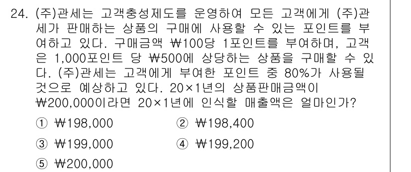 관세사_회계학 2015년 24번 - 문제에서 고객이 구매하는 상품의 구매액과 포인트 사용 비율을 고려해야 합... 에 관한 핵심 기출문제