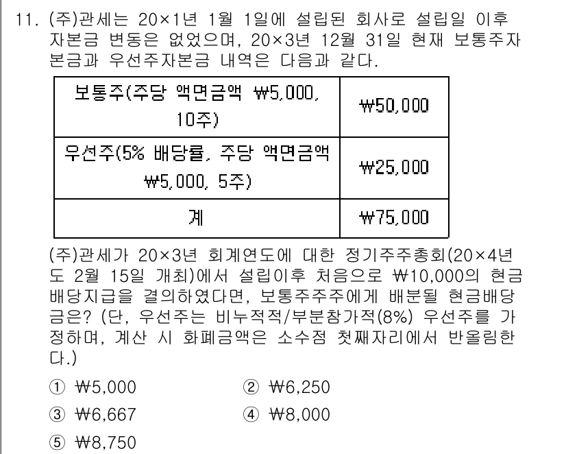 관세사_회계학 2016년 11번 - 정답은 4번이다. (주)관세사는 우선주와 보통주를 발행하였고, 각각의 배... 에 관한 핵심 기출문제