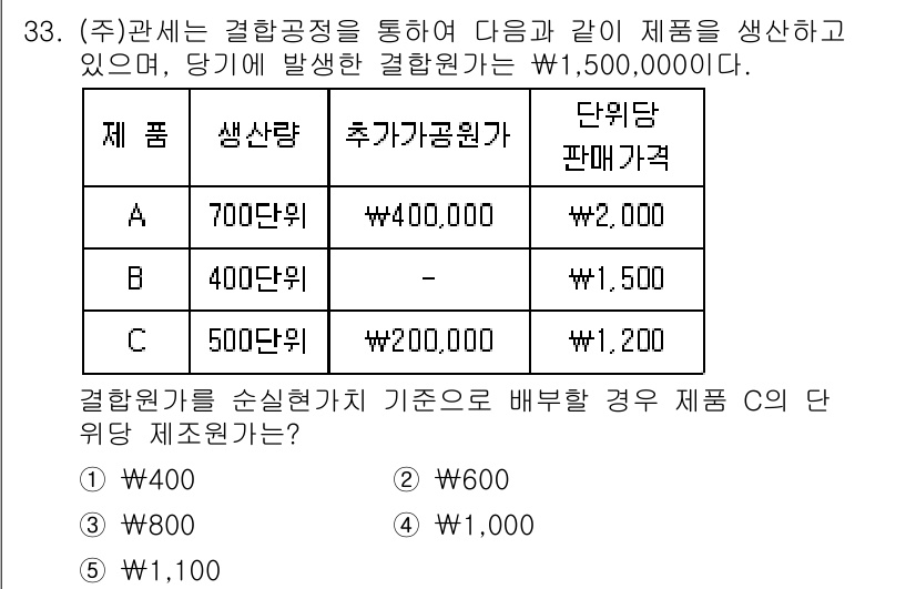 관세사_회계학 2016년 33번 - 위 문제에서 결합원가는 총 판매가격에서 각각의 생산비용을 차감한 금액입니... 에 관한 핵심 기출문제