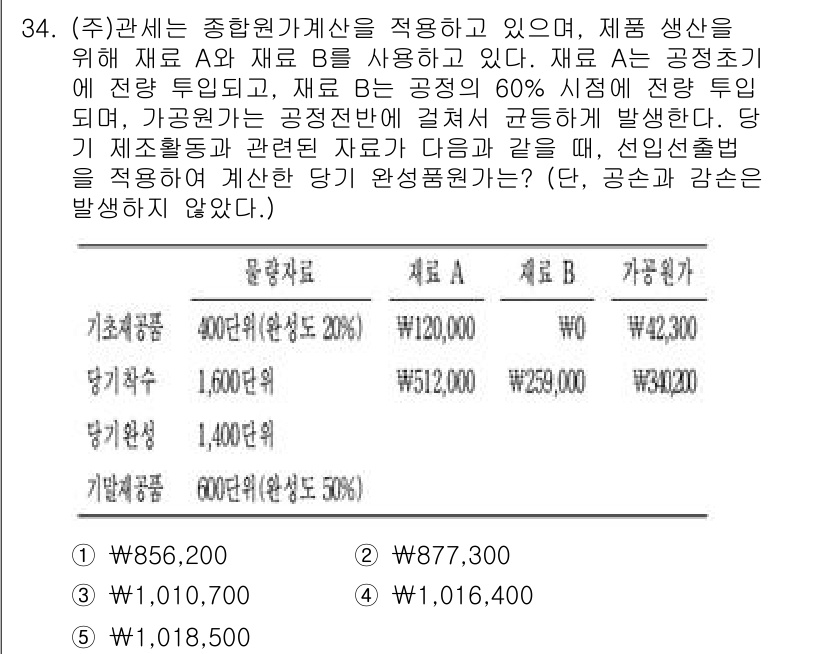 관세사_회계학 2016년 34번 - 정답 5번입니다. 이 문제는 자재 비용과 생산량을 고려한 계산 문제로, ... 에 관한 핵심 기출문제