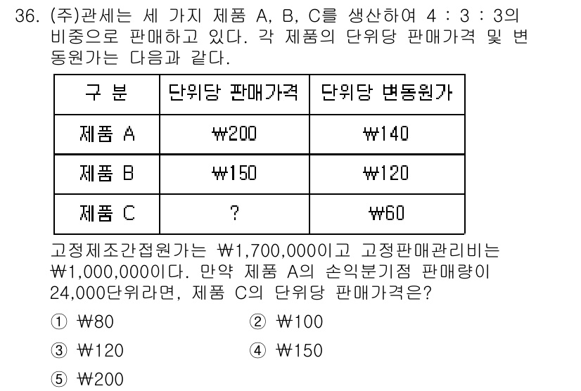 관세사_회계학 2016년 36번 - 주어진 문제에서 고정비가 1,700,000원이고 각 제품의 판매 비율이 ... 에 관한 핵심 기출문제
