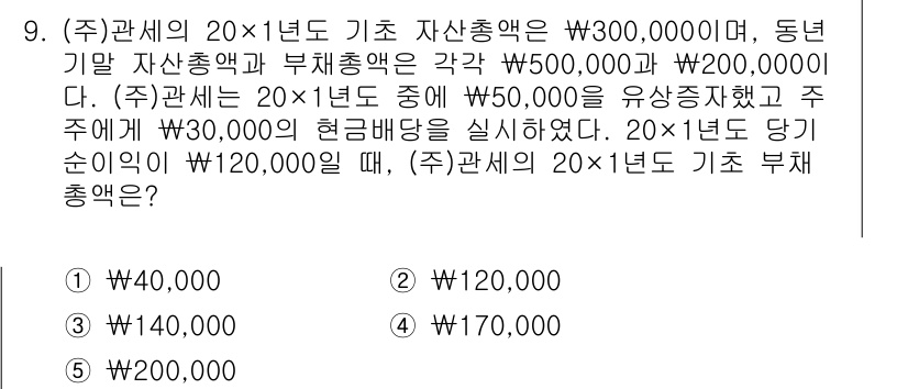 관세사_회계학 2016년 9번 - 주관세가 20×1년도 기준 자산총액이 300,000원이고 부채총액이 50... 에 관한 핵심 기출문제