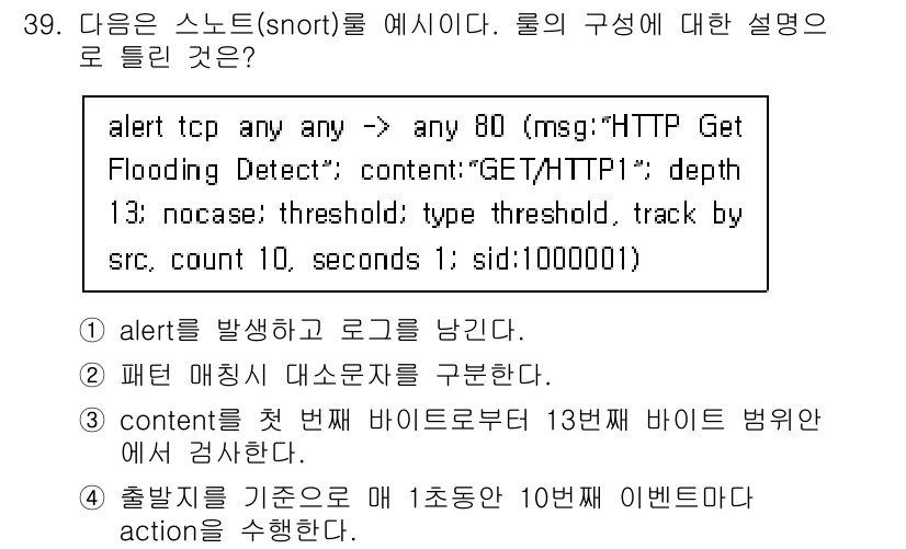 정보보안기사 2023년 39번 - 주어진 Snort 규칙은 TCP 패킷을 모니터링하여 HTTP GET 요청... 에 관한 핵심 기출문제