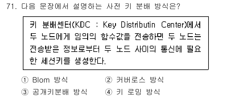 정보보안기사 2023년 71번 - . Blom 방식은 KDC에서 정보의 합수값을 전송하여 두 노드 간의 통... 에 관한 핵심 기출문제