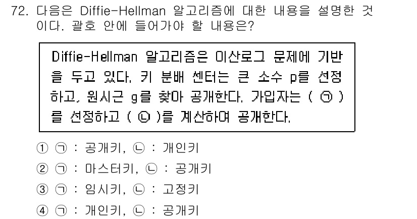 정보보안기사 2023년 72번 - Diffie-Hellman 알고리즘은 두 당사자가 비밀 키를 안전하게 교... 에 관한 핵심 기출문제