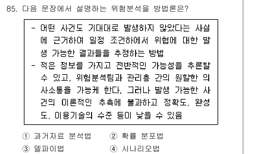 정보보안기사 2023년 85번 - 정답 4번은 위협 분석 방법의 특성을 잘 설명하고 있습니다. 특정 사건에... 에 관한 핵심 기출문제