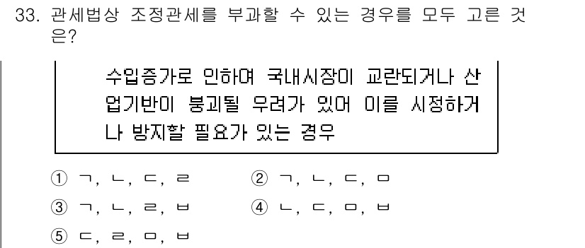 관세사_관세법개론 2017년 33번 - 정답 3번은 수입품이 국내 시장에 부정적인 영향을 미칠 경우에 해당합니다... 에 관한 핵심 기출문제