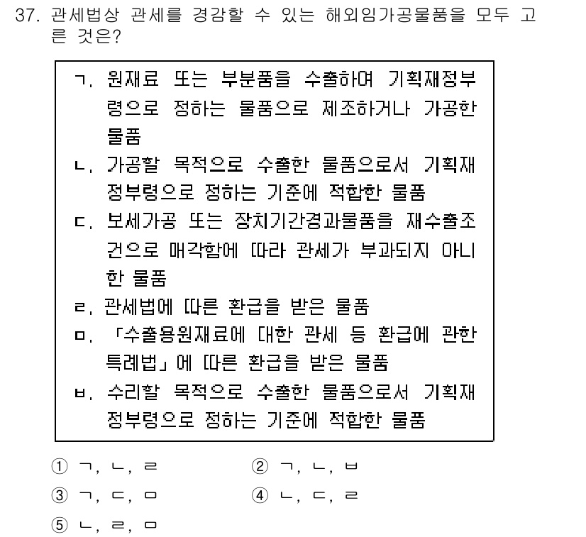 관세사_관세법개론 2017년 37번 - 관세법상 관세를 경감할 수 있는 해외입과공물품 중 '수출한 물품'은 관세... 에 관한 핵심 기출문제