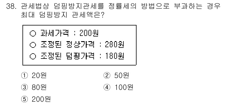 관세사_관세법개론 2017년 38번 - 관세법상 덤핑방지관세는 수입품의 가격이 정상 가격보다 낮을 때 부과됩니다... 에 관한 핵심 기출문제