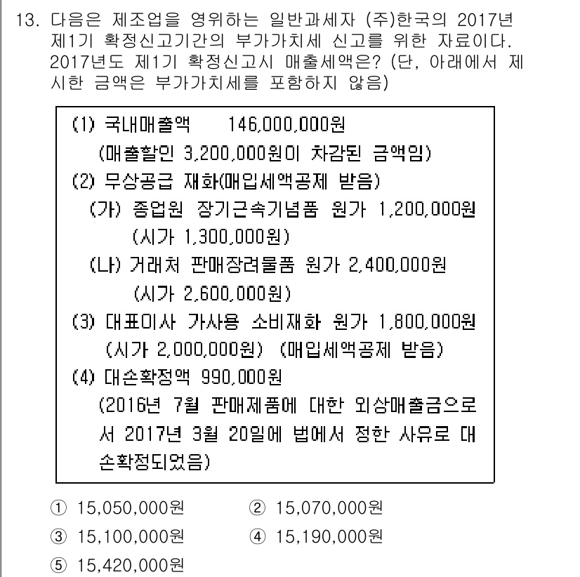 관세사_내국소비세법 2017년 13번 - 정답 3번이 맞는 이유는 내국소비세가 매출액에 대해 부과되기 때문에, 매... 에 관한 핵심 기출문제