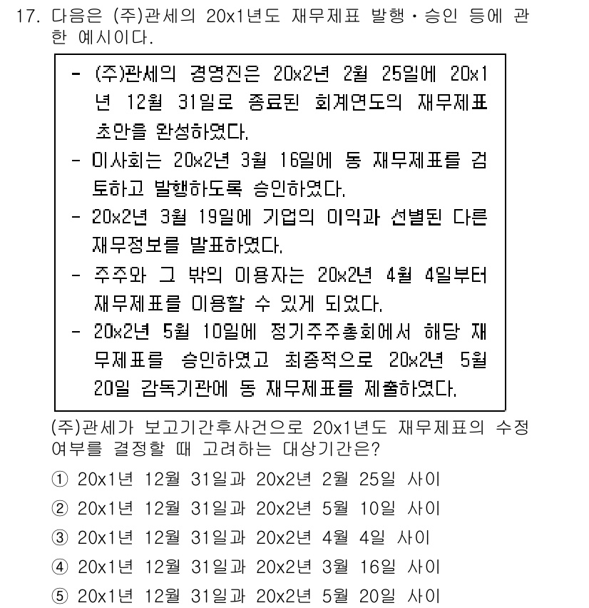 관세사_회계학 2017년 17번 - 정답 4번은 주주가 아닌 제3자가 재무제표를 유출해도 책임이 없기 때문입... 에 관한 핵심 기출문제