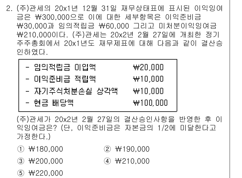 관세사_회계학 2017년 2번 - 정답 2의 이유는 다음과 같습니다. 이익준비금은 당기순이익의 10%로 계... 에 관한 핵심 기출문제