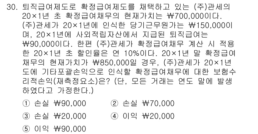 관세사_회계학 2018년 30번 - 이 문제는 퇴직급여와 관련된 회계 처리를 요구하며, 퇴직급여의 적립여부와... 에 관한 핵심 기출문제