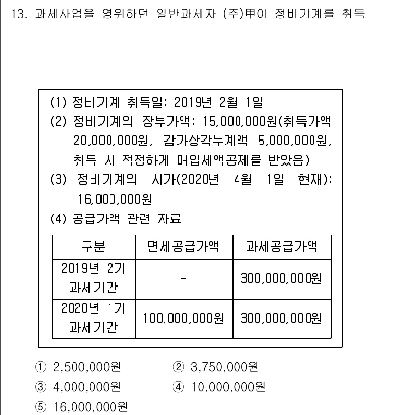 관세사_내국소비세법 2020년 13번 - 2019년 2월 1일부터 정비기계를 취득한 경우, 2020년 4월 1일 ... 에 관한 핵심 기출문제