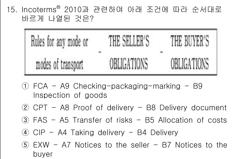 관세사_무역영어 2019년 15번 - .  

Incoterms 2010에서는 각 조건에 맞는 판매자와 구매자... 에 관한 핵심 기출문제