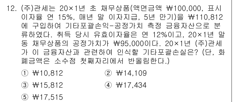 관세사_회계학 2019년 12번 - 주어진 문제에서 (주)관세사는 매출액의 15%를 기타 수익으로 인식하며,... 에 관한 핵심 기출문제