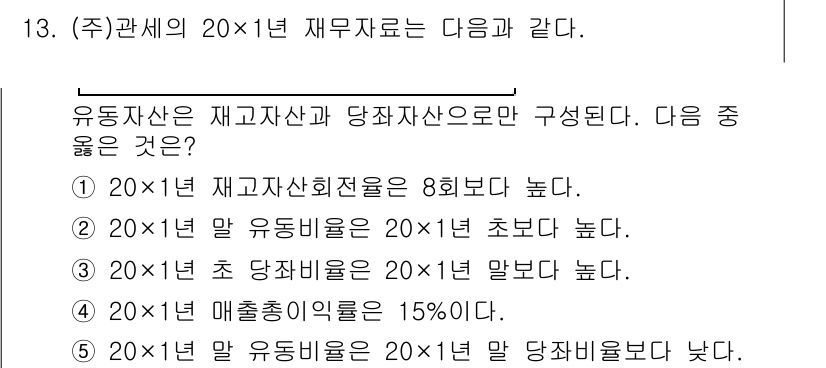 관세사_회계학 2019년 13번 - 정답이 3번인 이유는, 유동자산의 증가와 함께 당좌자산이 높아지면 유동비... 에 관한 핵심 기출문제
