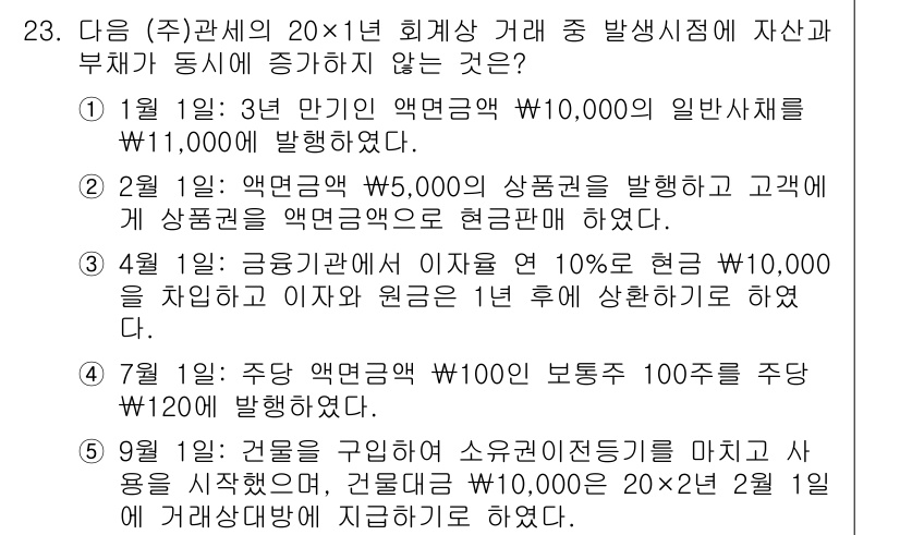 관세사_회계학 2019년 23번 - 정답 4번은 액면가액이 아닌 거래물건의 실제 거래가액을 기준으로 한 경우... 에 관한 핵심 기출문제