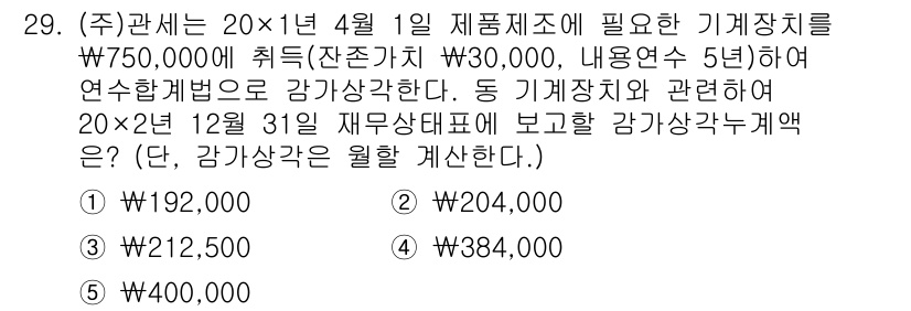 관세사_회계학 2019년 29번 - 감가상각비는 취득가액에 기준하여 계산되며, 해당 기계장치의 내용연수 5년... 에 관한 핵심 기출문제