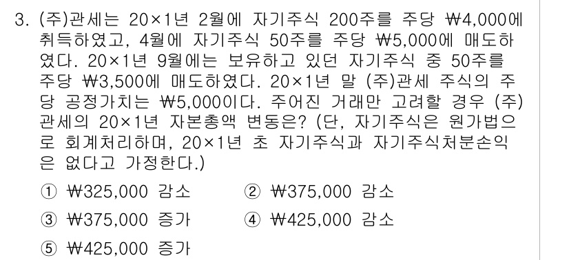 관세사_회계학 2019년 3번 - 관세는 주식의 증가와 감소에 따라 과세 기준이 달라지므로, 주식의 변동에... 에 관한 핵심 기출문제