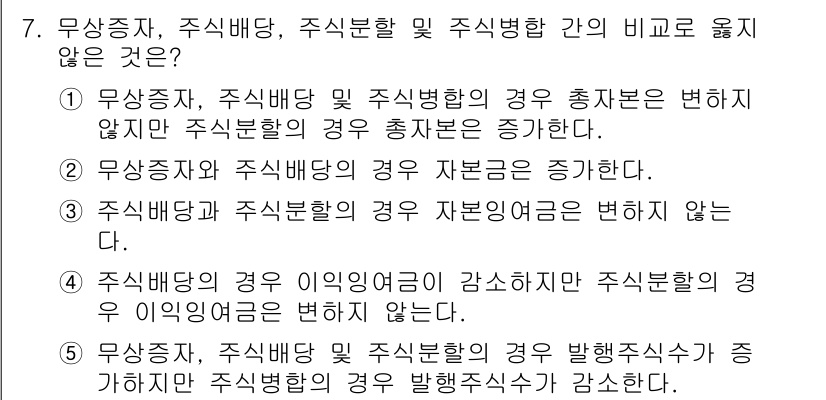 관세사_회계학 2019년 7번 - . 

주식자, 주식배당 및 주식변환의 경우 주식자본이 동일하게 유지되므... 에 관한 핵심 기출문제