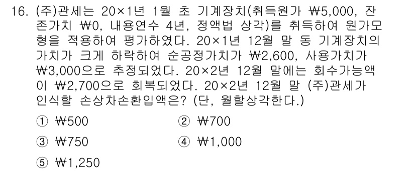 관세사_회계학 2020년 16번 - 문제에서 주어진 자산 가치를 바탕으로 기계의 감가상각을 계산해야 합니다.... 에 관한 핵심 기출문제