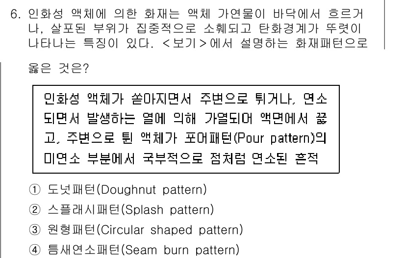 소방공무원(경력)_응급처치학개론 2025년 6번 - "슬래시 패턴(Splash pattern)"은 화재가 발생한 부분에서 바... 에 관한 핵심 기출문제