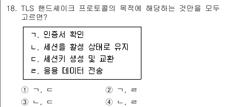 9급_국가직_공무원_정보보호론 2025년 18번 - TLS 핸드쉐이크 프로토콜은 클라이언트와 서버 간의 안전한 연결을 설정하... 에 관한 핵심 기출문제