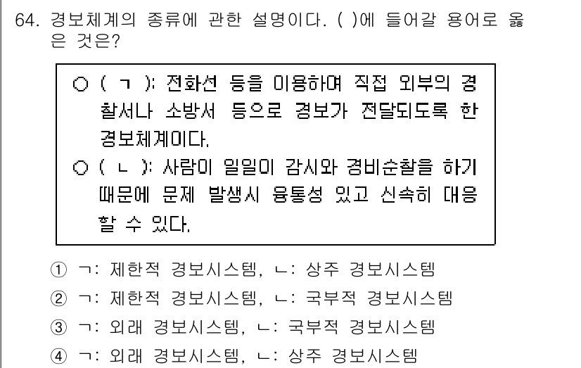 경비지도사_1차(법학개론,민간경비론) 2025년 64번 - 경비체계의 종류에 대한 설명에서, 민간 경비의 목적은 외부의 범죄나 사고... 에 관한 핵심 기출문제