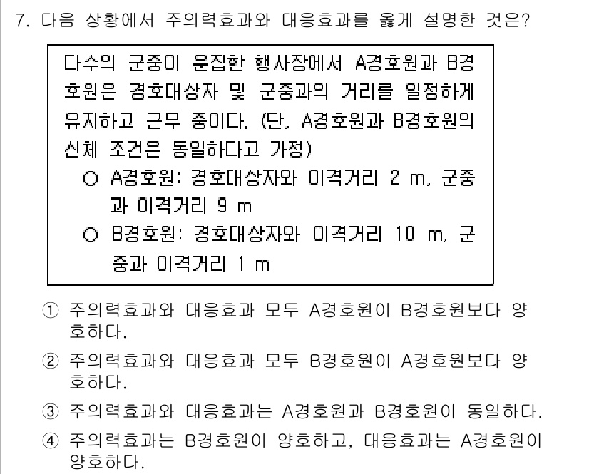 경비지도사_2차(경호학) 2025년 7번 - 주익효과와 대응효과의 관계는 A3와 B8 간의 거리와 관련이 있다. 주익... 에 관한 핵심 기출문제