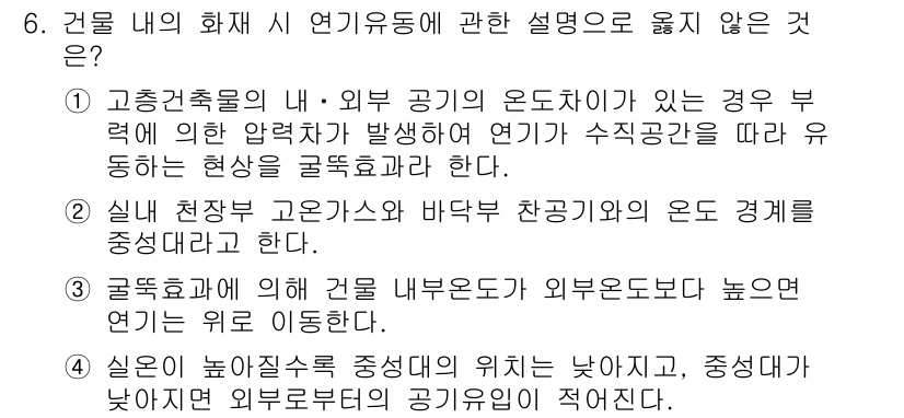 경비지도사_2차(소방학) 2025년 6번 - 건물 내부의 공기압이 외부보다 낮으면 연기가 건물 내로 유입되기 쉬워 f... 에 관한 핵심 기출문제