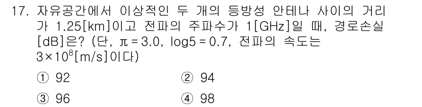 9급_국가직_공무원_무선공학개론 2025년 17번 - 문제에서 주어진 두 개의 안테나 사이의 거리와 주파수 정보를 활용하여 경... 에 관한 핵심 기출문제
