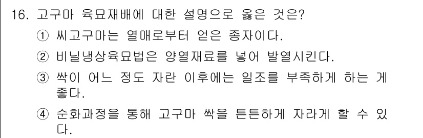 9급_국가직_공무원_식용작물 2025년 16번 - 고구마 유묘재배에 대한 설명 중, 올바른 것은 순화 과정이 고구마를 튼튼... 에 관한 핵심 기출문제