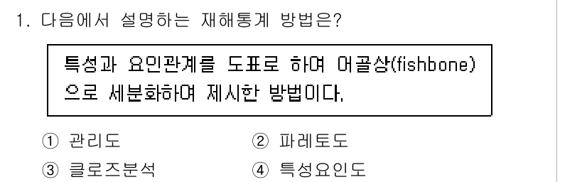 9급_국가직_공무원_안전관리론 2025년 1번 - 정답은 4번, 특성요인도이다. 특성요인도는 특정 사건이나 요인을 분석하여... 에 관한 핵심 기출문제