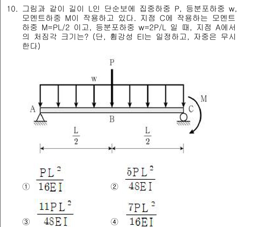 9급_국가직_공무원_응용역학개론 2025년 10번 - 문제에서 주어진 구조물에 대한 하중은 집중하중 \( P \)와 분포하중 ... 에 관한 핵심 기출문제