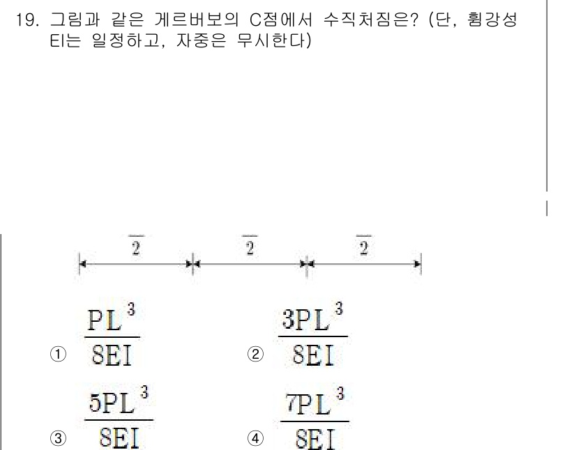 9급_국가직_공무원_응용역학개론 2025년 19번 - C점에서의 수직처짐은 하중의 분포와 지지조건에 따라 결정됩니다. 주어진 ... 에 관한 핵심 기출문제