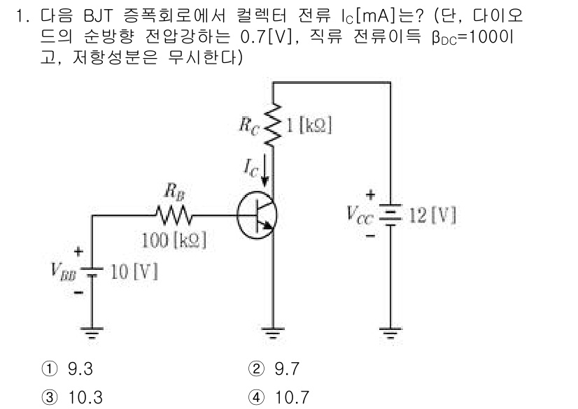 9급_국가직_공무원_전자공학개론 2025년 1번 - BJT의 콜렉터 전류 \( I_C \)를 구하기 위해 먼저 \( V_{C... 에 관한 핵심 기출문제