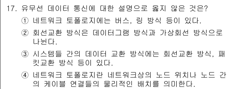 9급_국가직_공무원_전자공학개론 2025년 17번 - . 회선교환 방식은 데이터그램 방식과 가상회선 방식으로 나뉜다.

해설:... 에 관한 핵심 기출문제