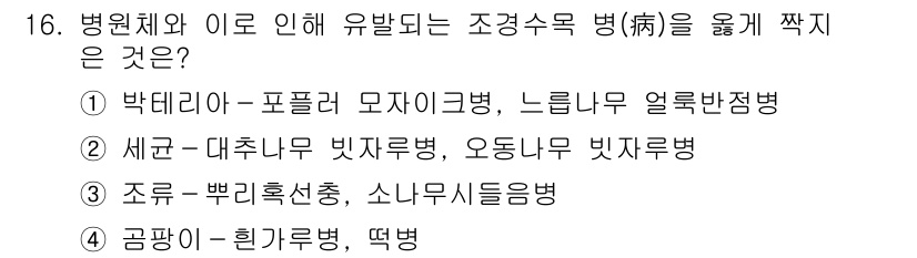 9급_국가직_공무원_조경학 2025년 16번 - 조경수 병(病) 중 박테리아에 의해 발생하는 질병이므로, 박테리아-포플러... 에 관한 핵심 기출문제
