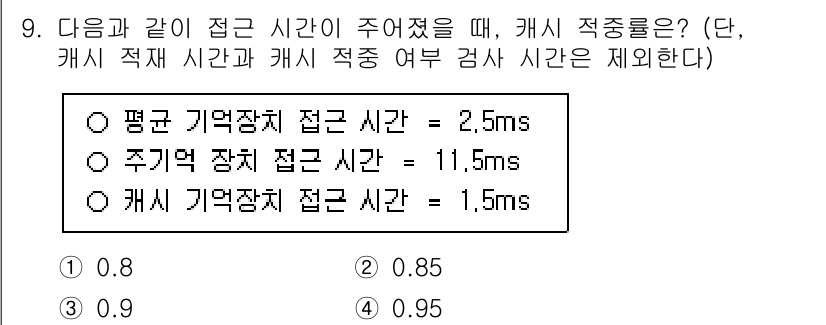 9급_국가직_공무원_컴퓨터일반 2025년 9번 - 캐시 적중률은 캐시 기억 장치 접근 시간과 주기 기억 장치 접근 시간을 ... 에 관한 핵심 기출문제
