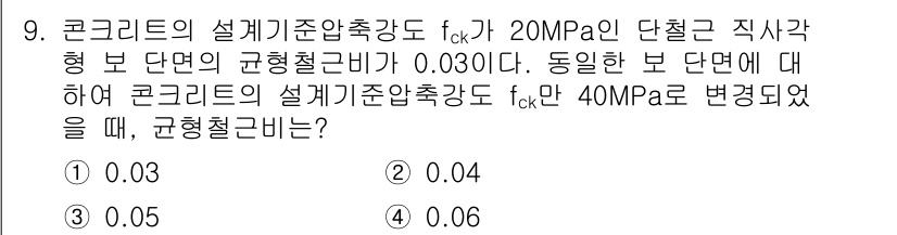 9급_국가직_공무원_토목설계 2025년 10번 - 문제에서 주어진 설계기준압축강도 \( f_{ck} \)가 20 MPa에서... 에 관한 핵심 기출문제