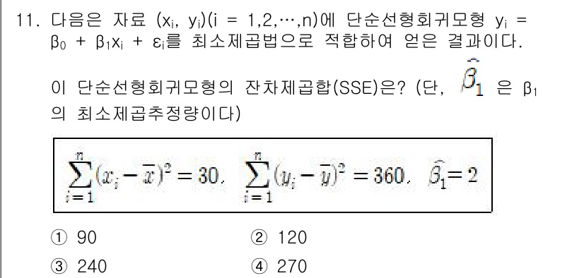 9급_국가직_공무원_통계학개론 2025년 11번 - 주어진 식에서 잔차제곱합(SSE)은 총제곱합(TSS)에서 회귀제곱합(ES... 에 관한 핵심 기출문제