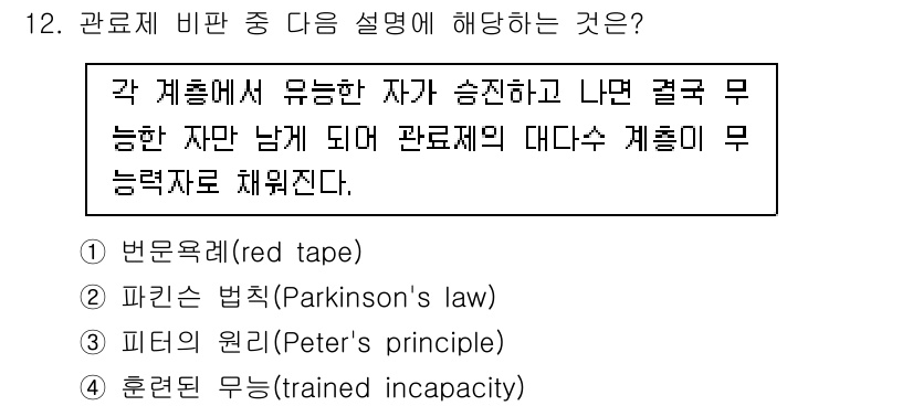 9급_국가직_공무원_행정학개론 2025년 12번 - 피터의 원리는 조직 내에서 높은 직위에 오를수록 자신의 무능력에 의해 비... 에 관한 핵심 기출문제