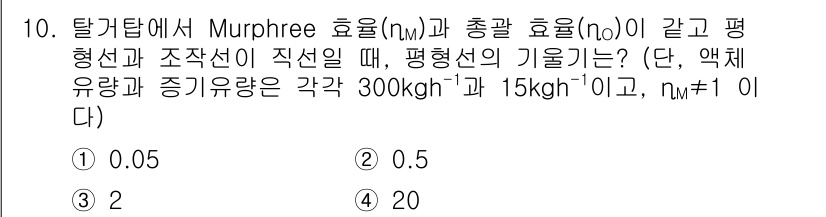 9급_국가직_공무원_화학공학일반 2025년 10번 - Murphree 효율(η_M)은 부분적인 반응 또는 분리 과정에서의 실제... 에 관한 핵심 기출문제