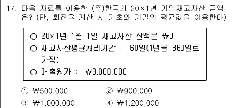 9급_국가직_공무원_회계원리 2025년 17번 - 20x1(1월) 재고자산 잔액인 0원에 재고자산평균처리기간이 60일이면,... 에 관한 핵심 기출문제
